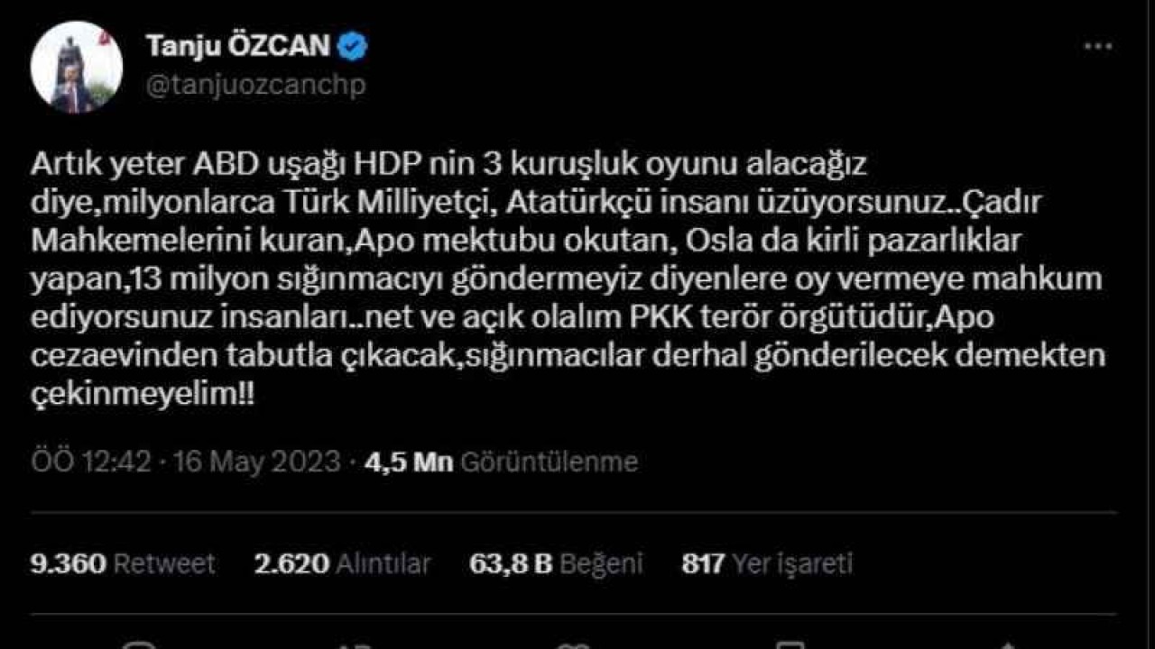 Tanju Özcan’dan HDP tepkisi: "HDP’nin 3 kuruşluk oyunu alacağız diye Türk Milliyetçi, Atatürkçü insanı üzüyorsunuz"