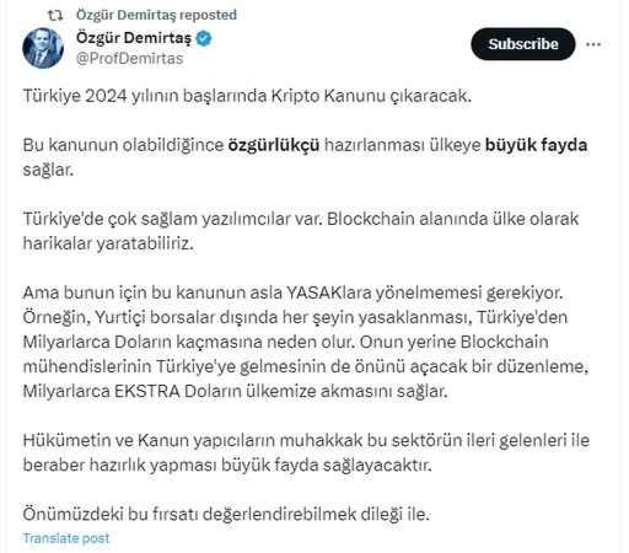 Prof. Dr. Özgür Demirtaş Kripto Yasası ile İgli Görüşlerini Açıkladı