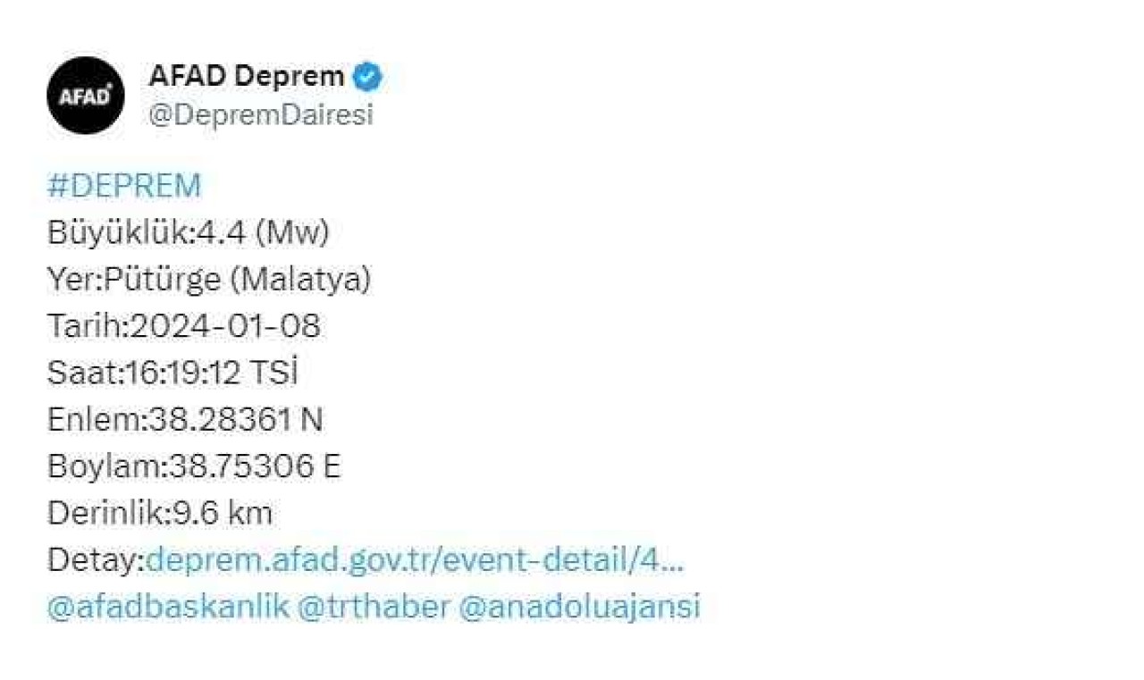 Son Dakika Malatya'da Deprem Büyüklük 4.3