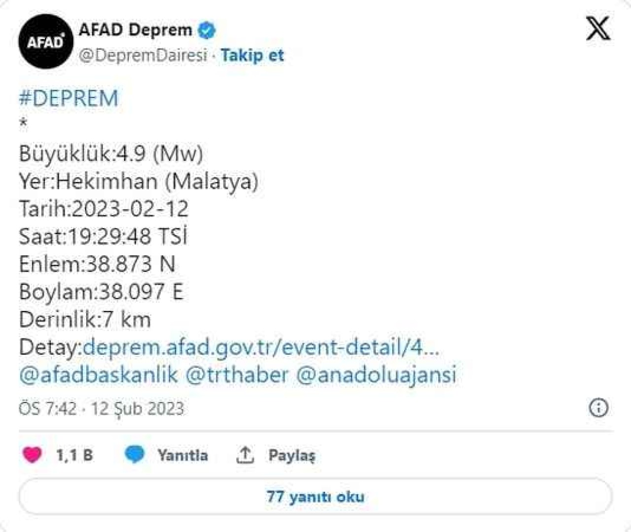 Malatya'da 4.9 Büyüklüğünde Deprem Meydana Geldi