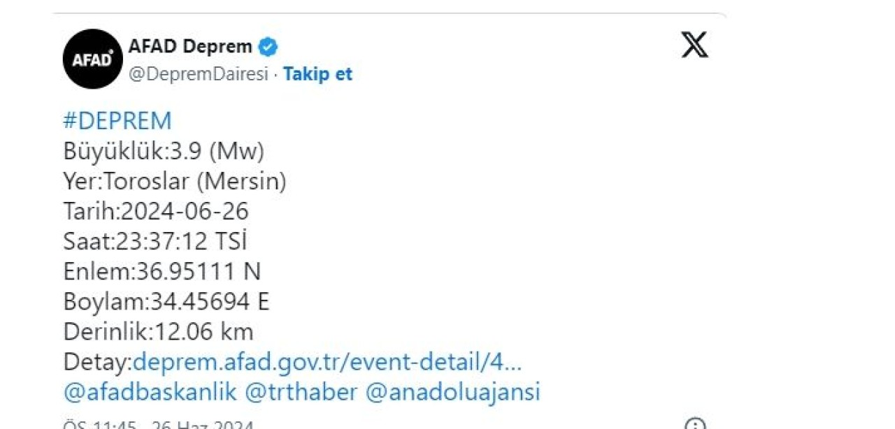 Mersin'de Korkutan Deprem: 3.9 Büyüklüğünde Sarsıntı