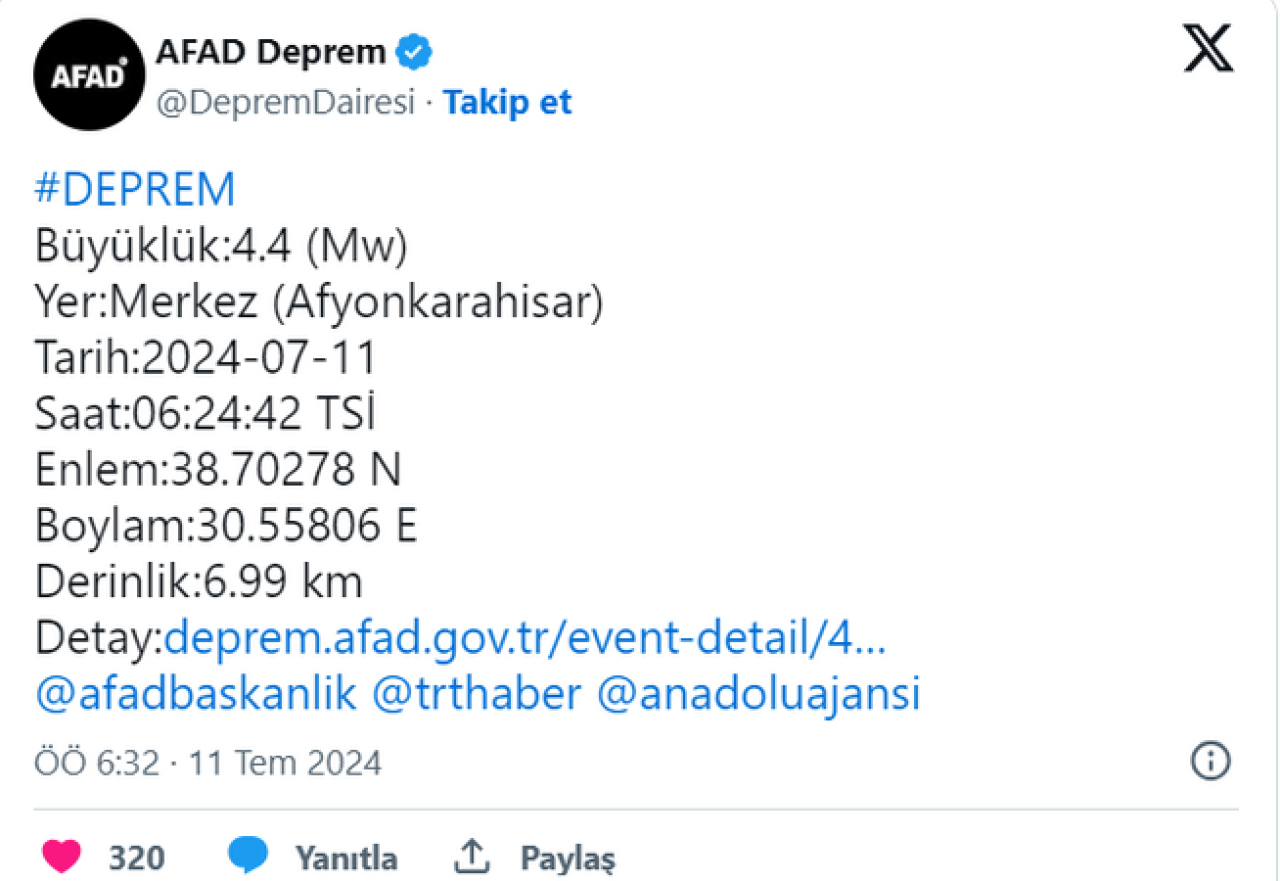 Afyonkarahisar'da 4.4 Büyüklüğünde Deprem