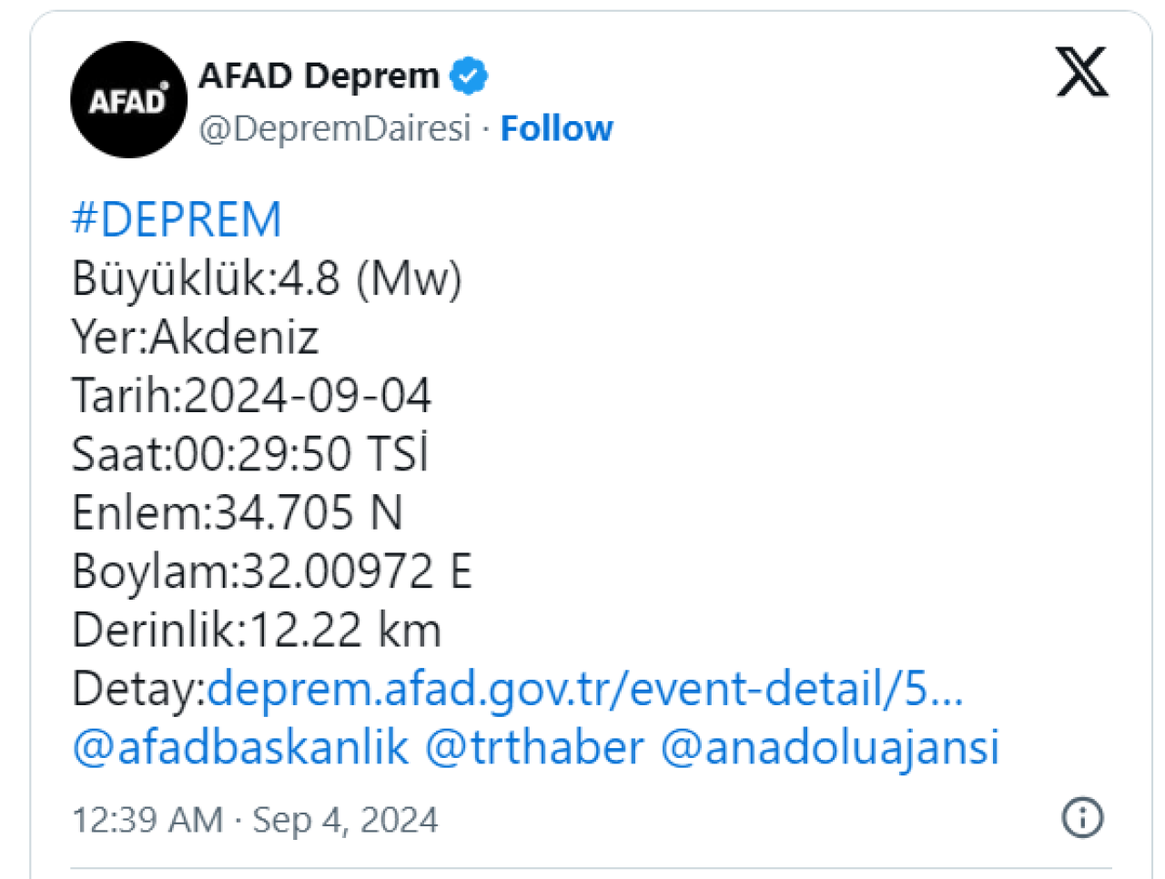 Akdeniz'de 4,8 büyüklüğünde deprem meydana geldi