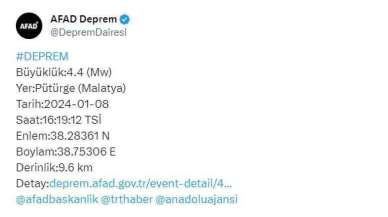 Son Dakika Malatya'da Deprem Büyüklük 4.3