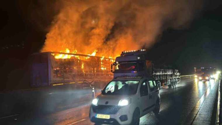 Otoyolda korkutan yangın: Pamuk yüklü tır alev alev yandı 4