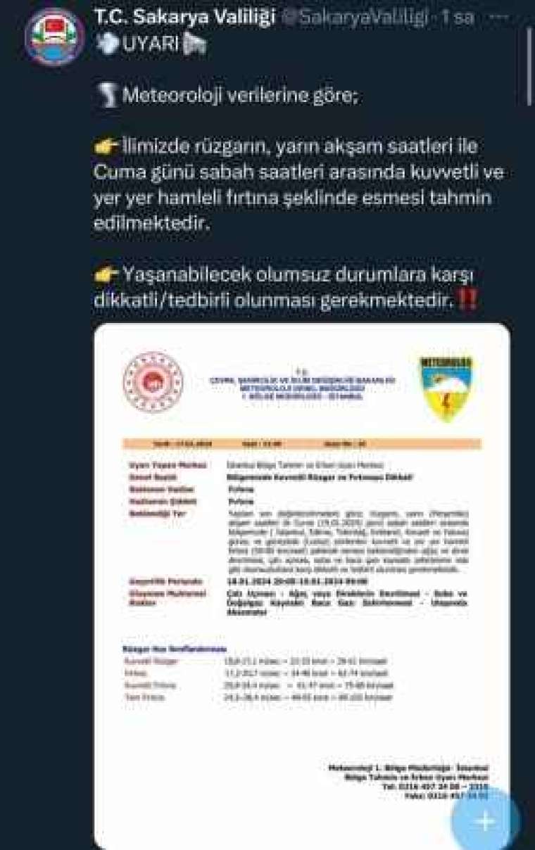 Sakarya Valiliği Yaşanabilecek Olumsuz Durumlara Karşı Fırtına İçin Uyardı! 1