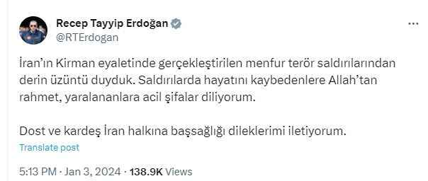 Cumhurbaşkanı Erdoğan'dan Başsağlığı Mesajı