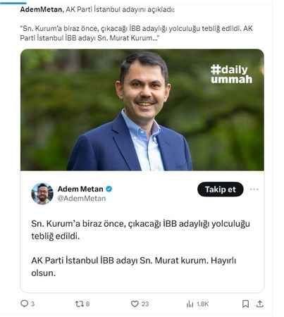 AK Partinin İstanbul Büyükşehir Belediye Başkan Adayı Murat Kurum Oldu