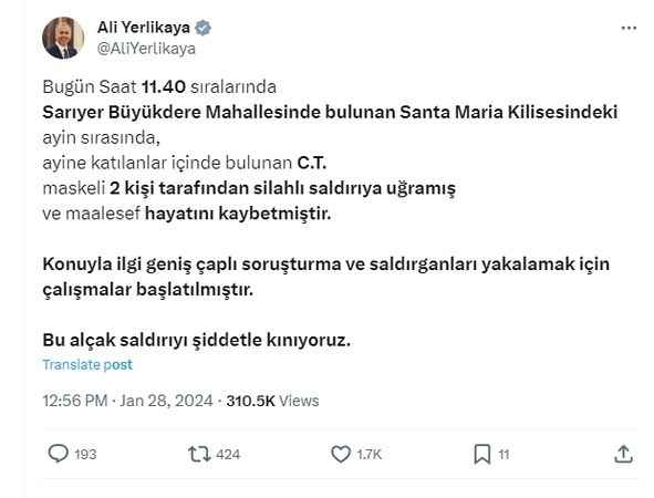 Kilise Saldırısında Yeni Ayrıntılar: Bakan Yerlikaya Açıkladı