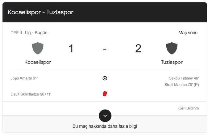 Kocaelispor- Tuzlaspor Maçı 1-2 Bitti