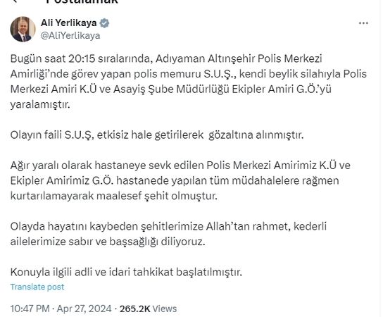 Adıyaman'da Bir Polis Memuru Meslektaşına Ateş Açtı...