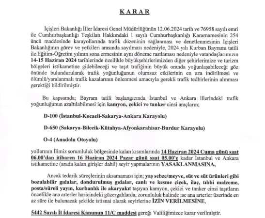 Sakarya'da Kurban Bayramı Tedbirleri: Ağır Taşıtlara Seyir Yasağı Getirildi