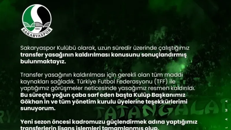 Sakaryaspor’un transfer yasağı resmen kalktı